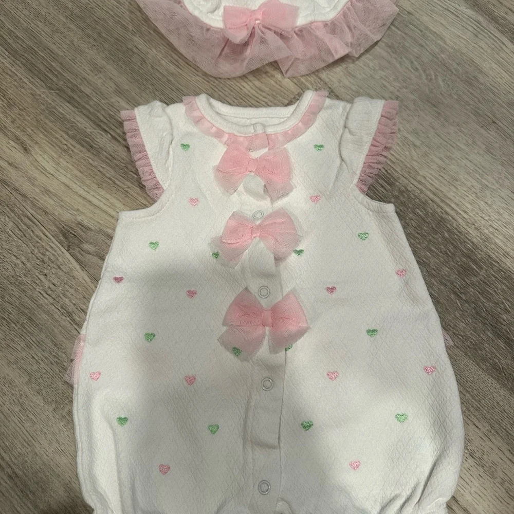 Little Me Pink and White Romper with Bows and hearts